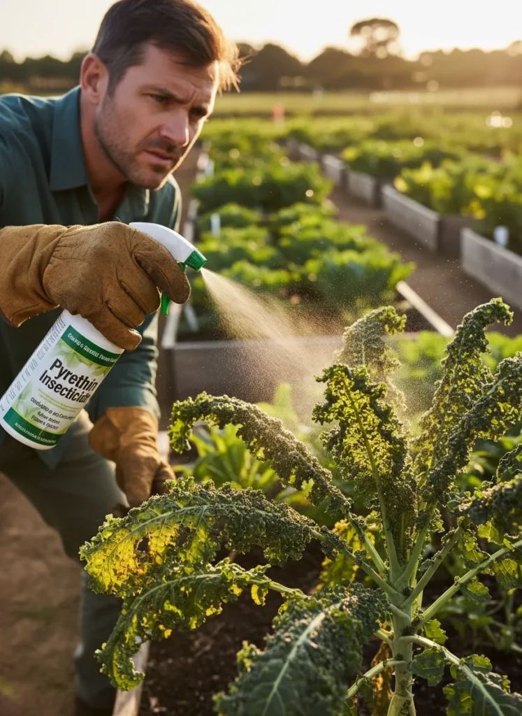 A gardener in gloves applying pyrethrin spray to heavily aphid-infested kale plants in the evening light, with a focused expression showing the serious nature of the infestation. Visible pest damage on leaves, realistic garden setting.