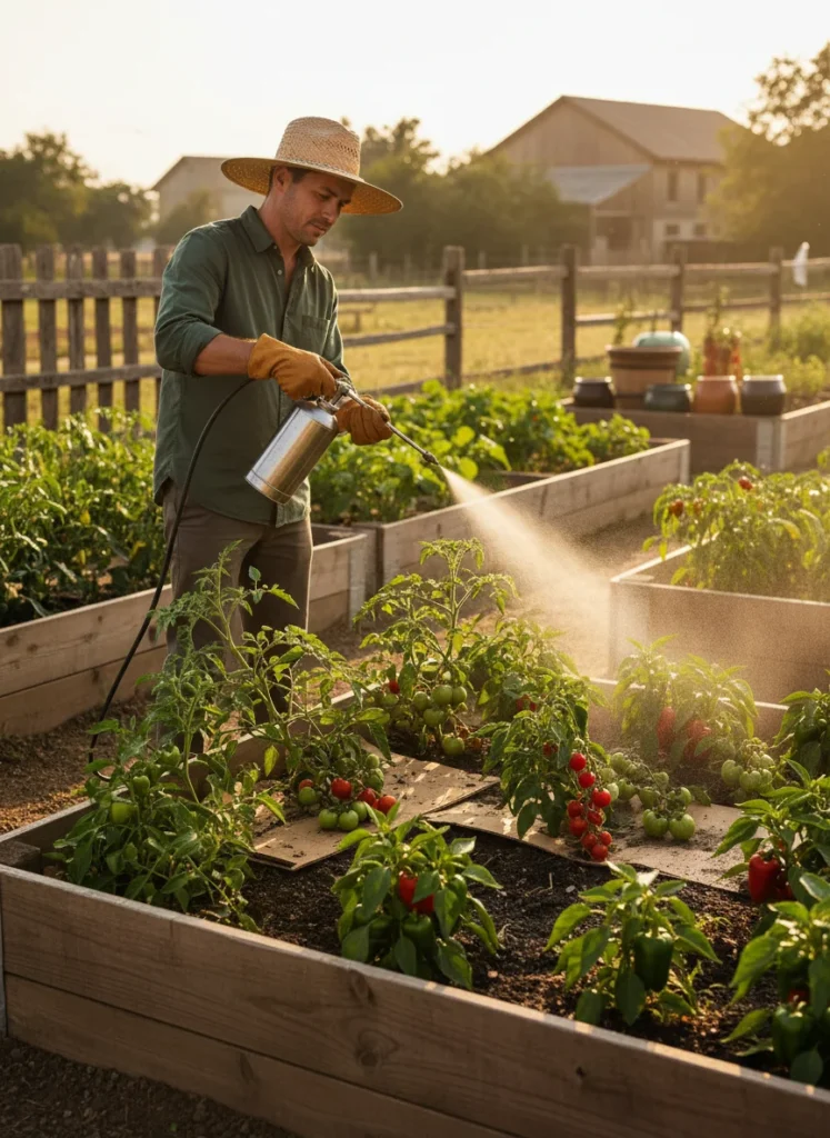 A realistic, high-quality photograph of a gardener spraying organic bug spray on raised vegetable beds in warm morning light. Lush tomato and pepper plants visible, natural textures, professional gardening blog style.