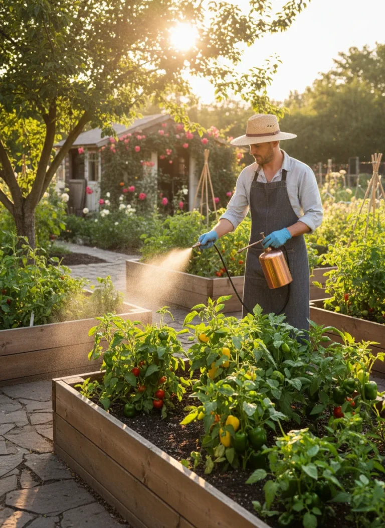 A close-up photo of a gardener's gloved hand holding a Safer Brand spray bottle, applying insecticidal soap to the underside of pepper plant leaves covered in aphids. Soft natural light, realistic garden setting.