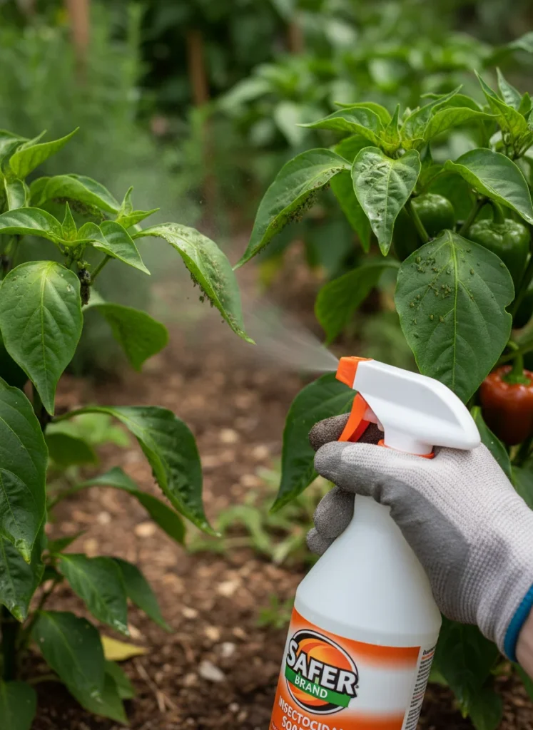 A close-up photo of a gardener's gloved hand holding a Safer Brand spray bottle, applying insecticidal soap to the underside of pepper plant leaves covered in aphids. Soft natural light, realistic garden setting.