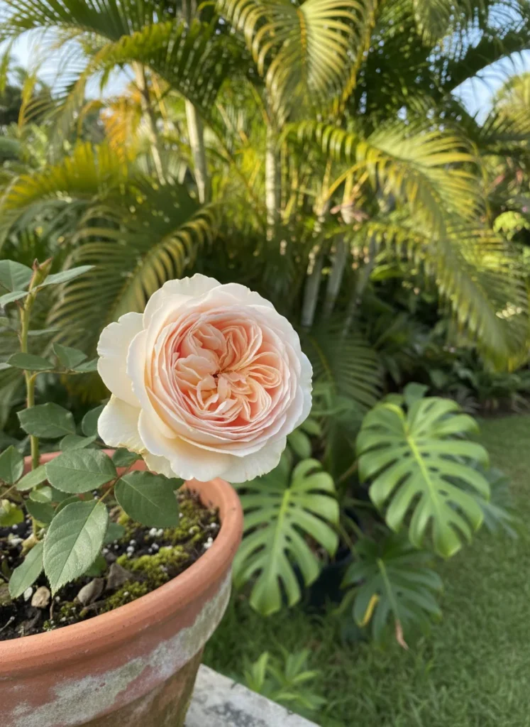 A realistic, high-quality photograph of a fully open David Austin style English rose in layered cream and blush pink petals, photographed in warm golden morning light against a lush tropical garden backdrop. Terracotta pot visible in the foreground, vibrant green foliage behind. Professional gardening blog style, natural textures.