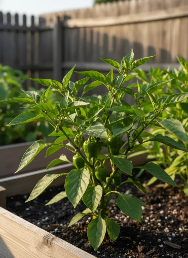 A satisfying close-up of a healthy pepper plant with flat, vibrant green leaves and small peppers beginning to form, photographed in warm morning light in a raised garden bed. Clean, pest-free foliage showing a recovered, thriving plant.