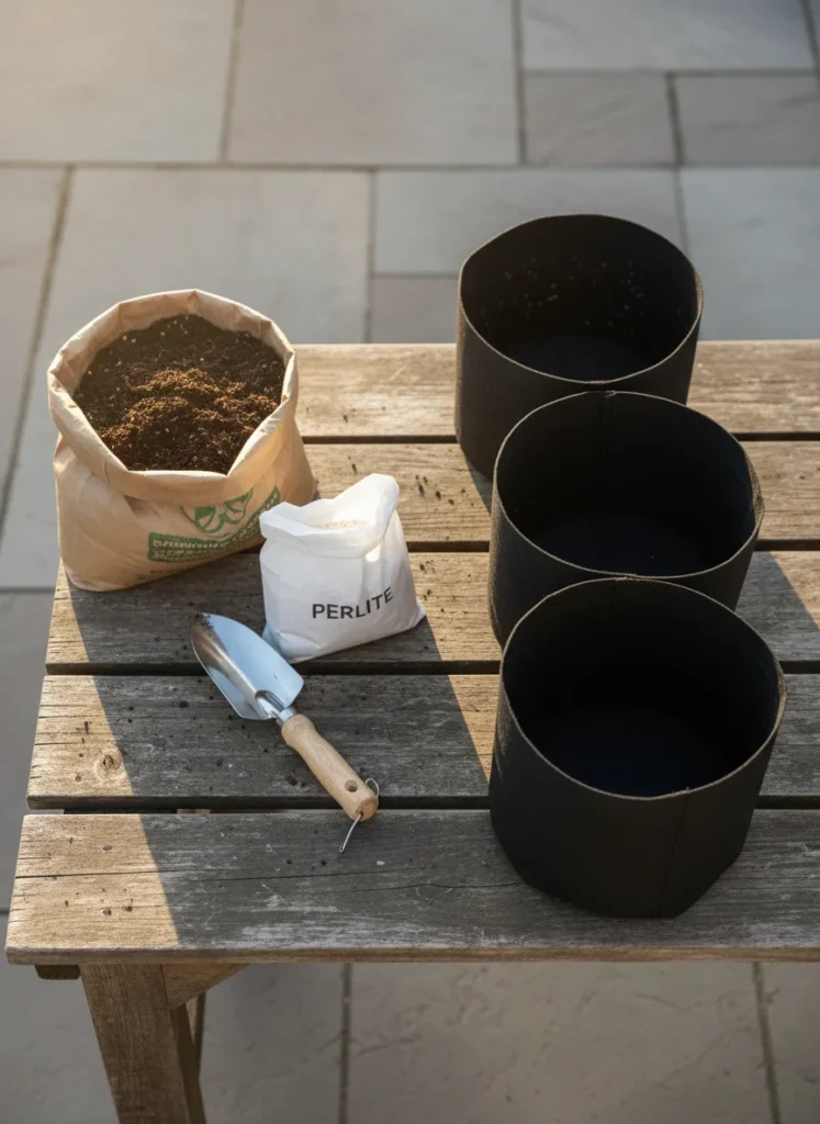 A realistic overhead photograph of a wooden potting bench with an open bag of quality potting mix, a bag of perlite, a small trowel, and several empty dark fabric grow bags ready to be filled. Warm natural morning light, rich earthy textures, professional gardening blog style.