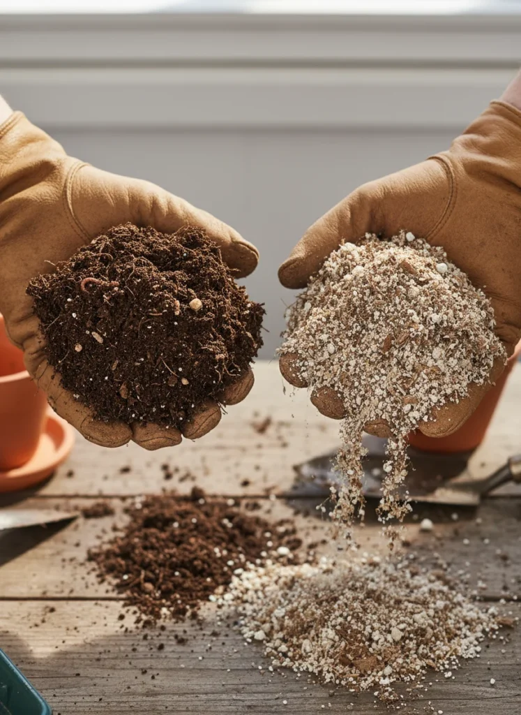  A side-by-side close-up photograph comparing a handful of dense, clumped garden soil in one hand versus a handful of light, airy potting mix in the other, shot on a wooden potting bench. Natural light highlighting the texture difference clearly.