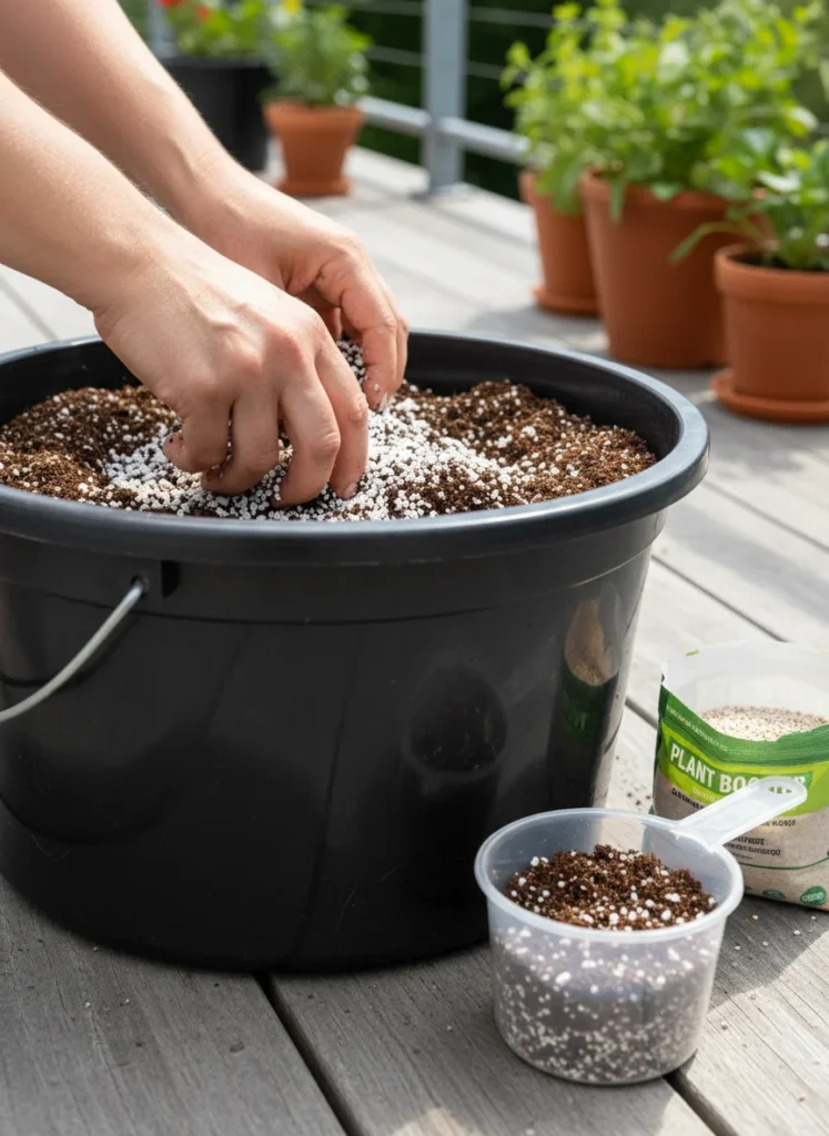 A realistic close-up photograph of hands mixing perlite into a bag of potting mix in a large plastic tub on a patio, with a measuring cup and bag of slow-release fertilizer granules visible nearby. Natural outdoor light, earthy textures.
