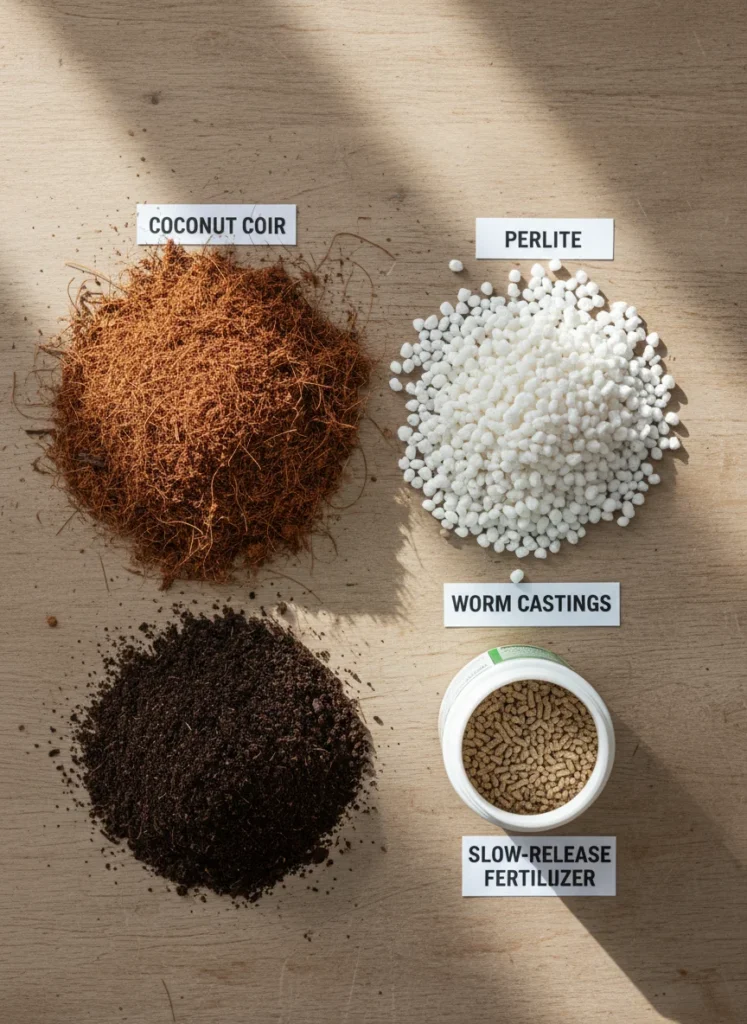 A realistic flat-lay photograph showing the four ingredients for a homemade container mix laid out on a wooden surface: a pile of coconut coir, a pile of perlite, a pile of worm castings, and a small container of slow-release fertilizer. Clear labels visible, natural overhead lighting.