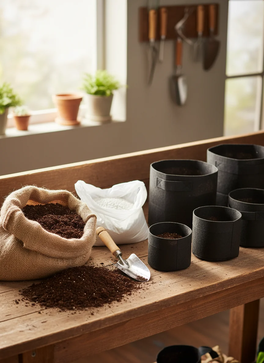 A realistic overhead photograph of a wooden potting bench with an open bag of quality potting mix, a bag of perlite, a small trowel, and several empty dark fabric grow bags ready to be filled. Warm natural morning light, rich earthy textures, professional gardening blog style.