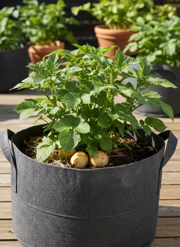 A vibrant, close-up shot of a lush green potato plant thriving in a large, textured fabric grow bag, bursting with healthy foliage and perhaps a hint of visible tubers at the soil line. The background features a blurred, sunny patio or balcony garden, conveying a sense of successful urban gardening.
