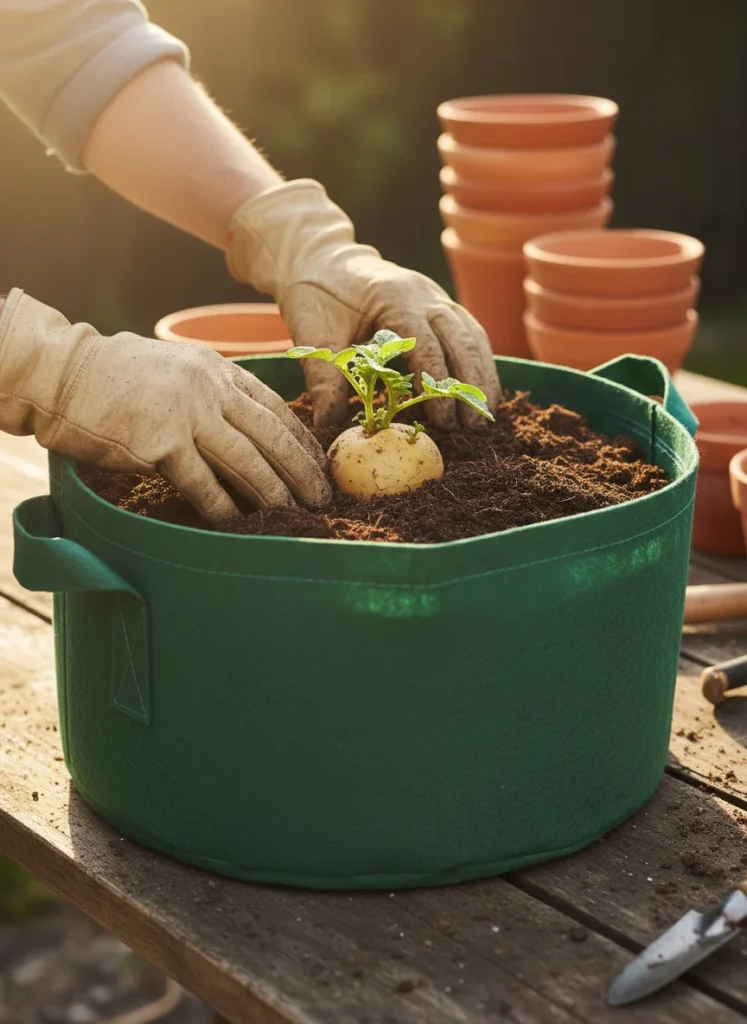  planting and hilling to grow potatoes in containers.