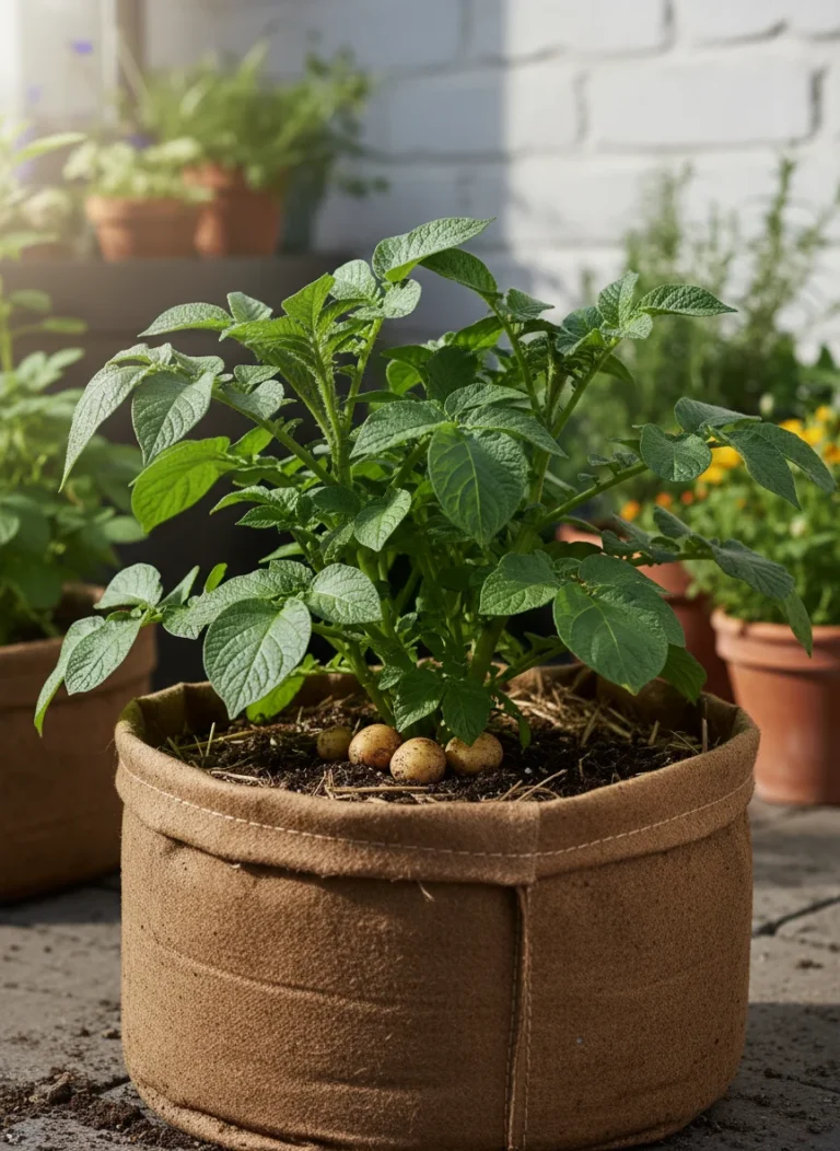 A vibrant, close-up shot of a lush green potato plant thriving in a large, textured fabric grow bag, bursting with healthy foliage and perhaps a hint of visible tubers at the soil line. The background features a blurred, sunny patio or balcony garden, conveying a sense of successful urban gardening.