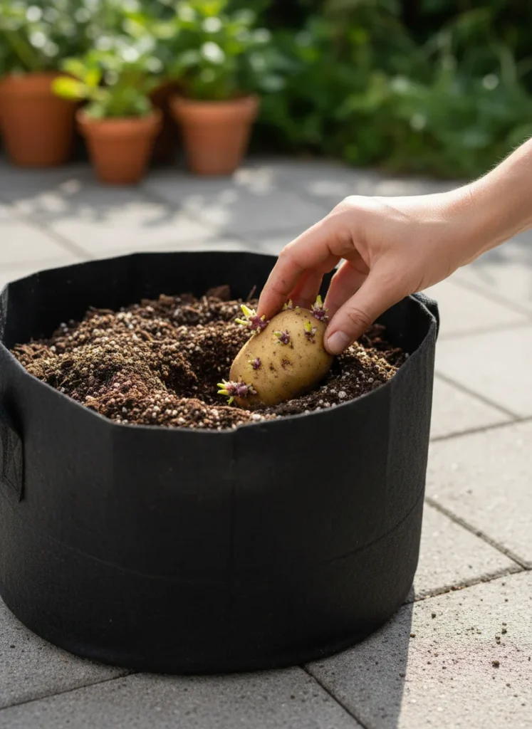  A close-up view of a hand placing a single seed potato with small sprouts into a dark fabric grow bag partially filled with rich, dark potting mix. The grow bag is sitting on a paved patio. ALT TEXT: how to grow potatoes in containers in a fabric grow bag.