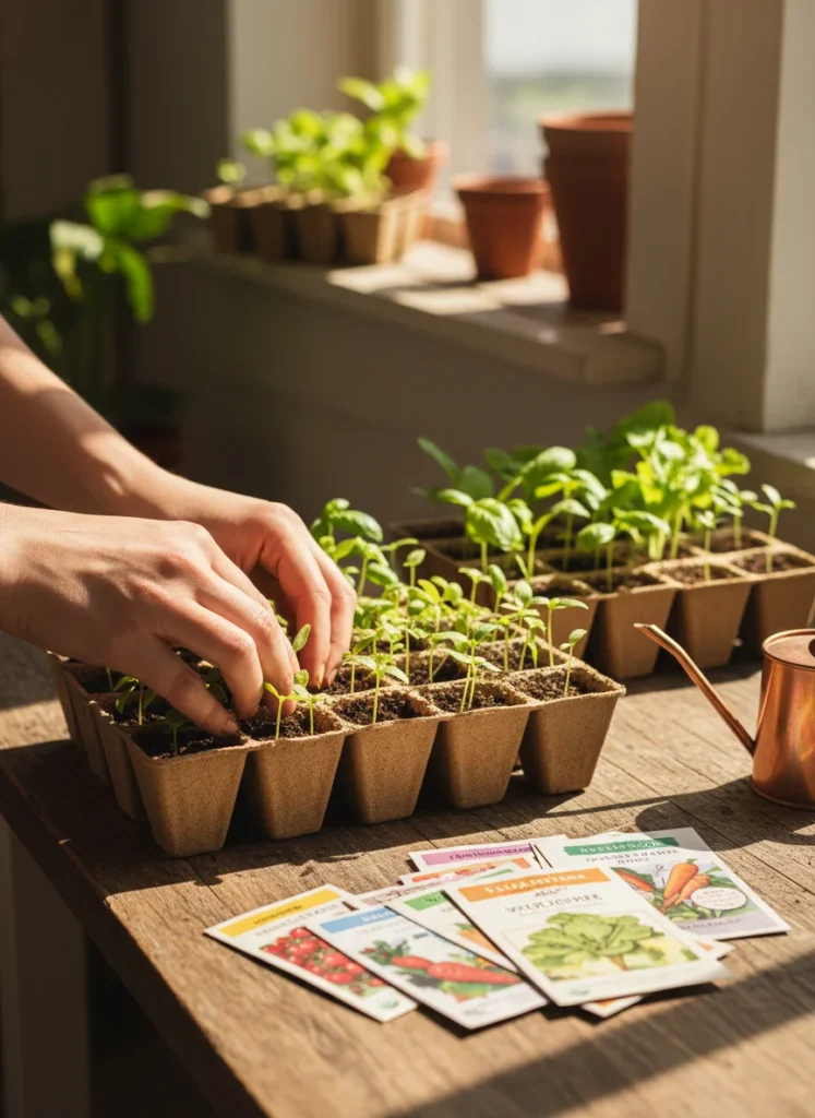 A vibrant, sun-drenched close-up of a gardener's hands gently tending to rows of healthy, young green seedlings in biodegradable seed starting trays, bathed in warm light from a nearby window or grow light. A scattering of various seed packets lies nearby, and a small watering can rests on a rustic wooden table, evoking a sense of growth, hope, and the joyful anticipation of spring.