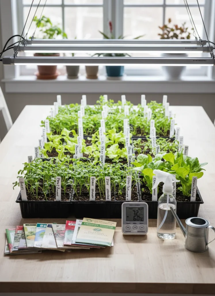 Essential tools for starting vegetables from seed in spring, including grow lights and labels.