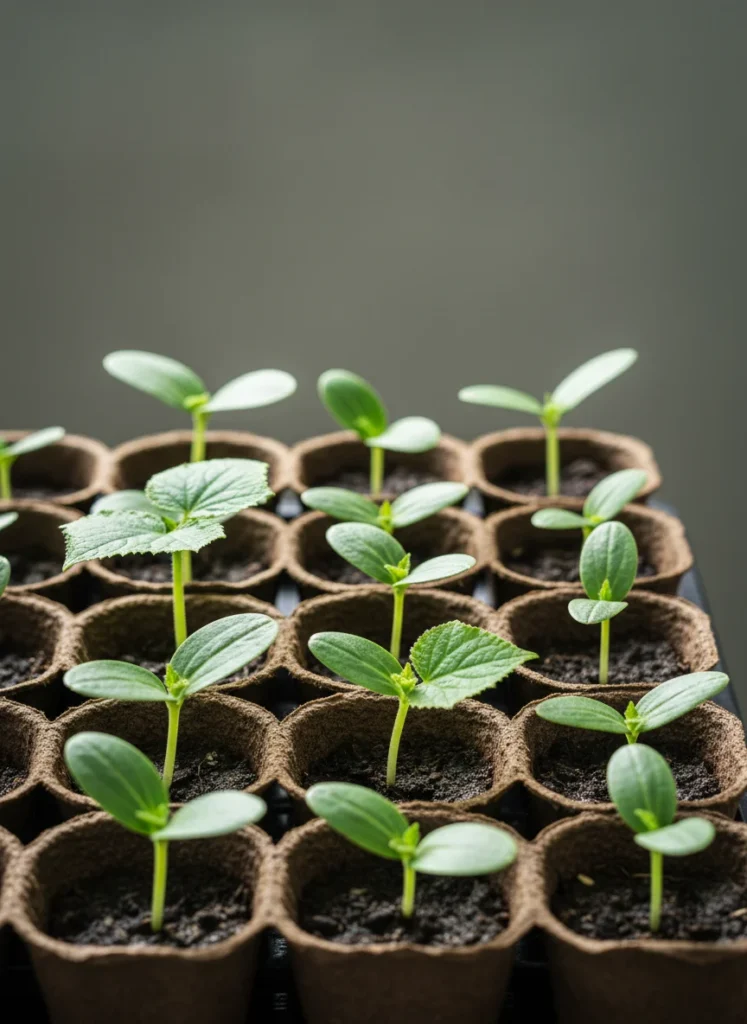 Young cucumber and courgette seedlings, ideal vegetables to start from seed in spring.