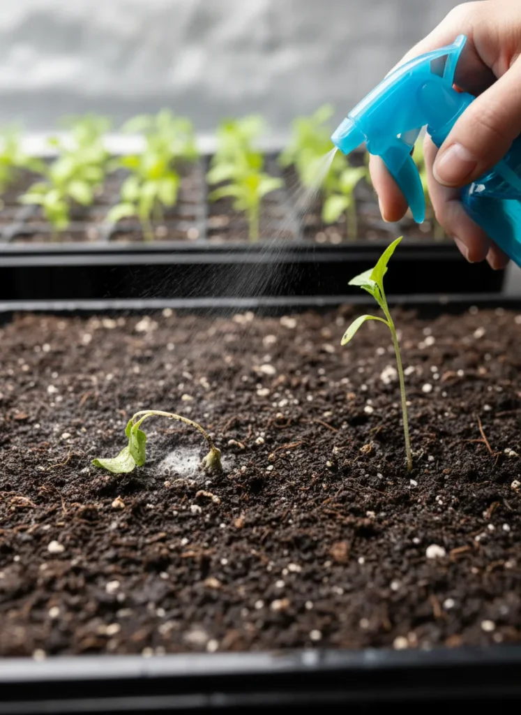 A seedling affected by damping-off, a common issue when starting vegetables from seed in spring.
