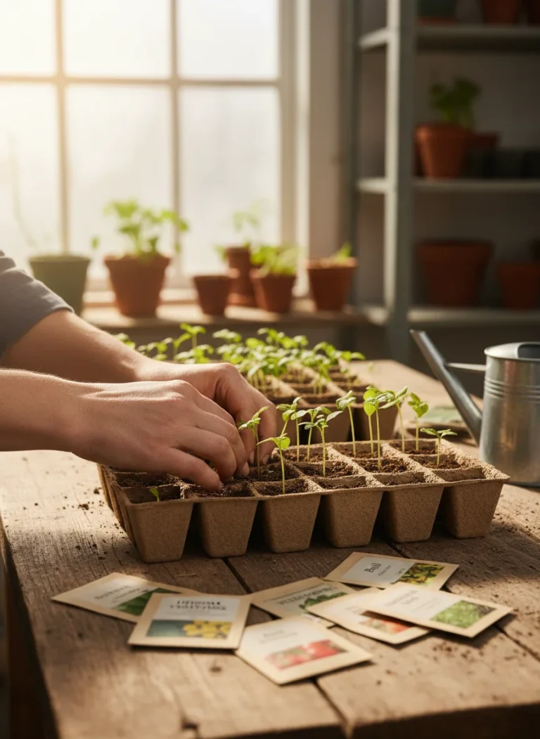 A vibrant, sun-drenched close-up of a gardener's hands gently tending to rows of healthy, young green seedlings in biodegradable seed starting trays, bathed in warm light from a nearby window or grow light. A scattering of various seed packets lies nearby, and a small watering can rests on a rustic wooden table, evoking a sense of growth, hope, and the joyful anticipation of spring.