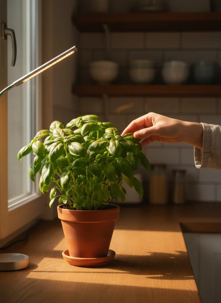 A vibrant, healthy basil plant with lush green leaves sits on a sunlit windowsill, casting a soft shadow. The background shows a cozy, inviting kitchen interior. Next to the basil pot, a small, discreet LED grow light emits a gentle, warm glow, demonstrating how supplemental light can help basil thrive even in less-than-ideal window conditions. A gardener's hand gently touches a basil leaf, conveying a sense of care and abundance.