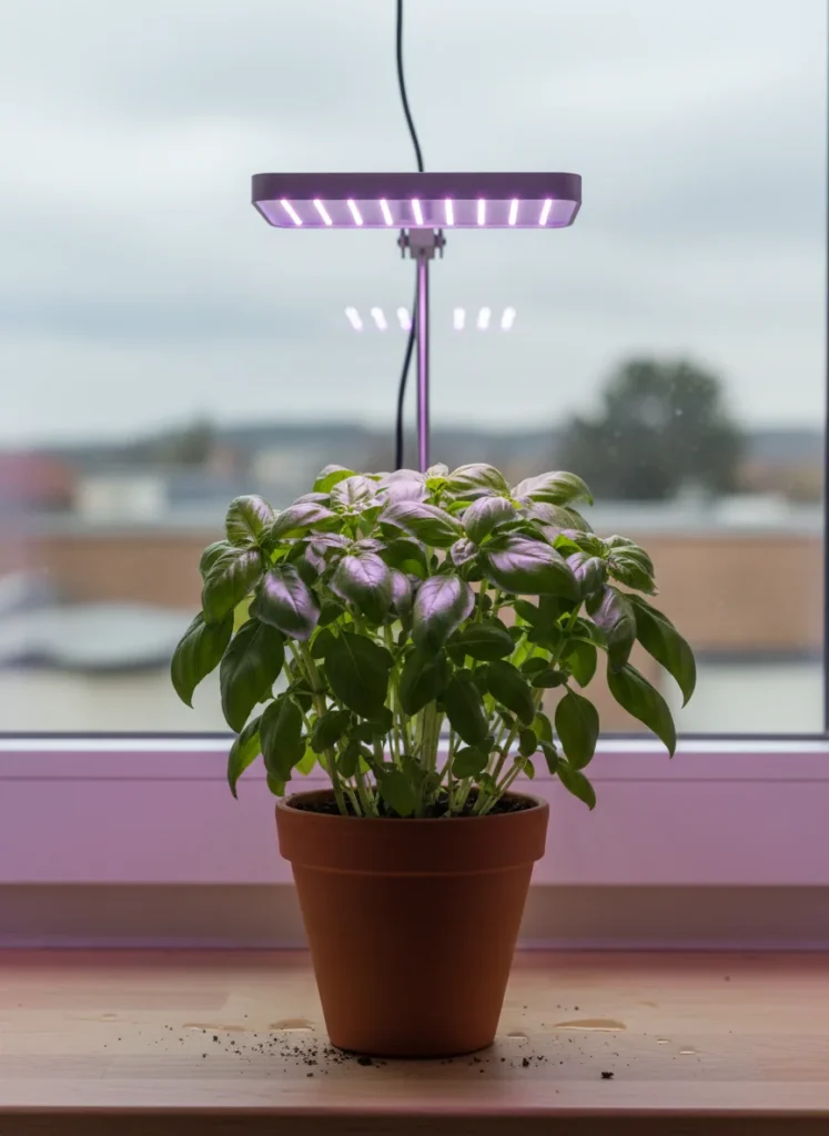A basil plant thriving under a small LED grow light on a windowsill, showcasing its vibrant green leaves and compact growth. The window in the background suggests it might not be a super bright, direct sun exposure.