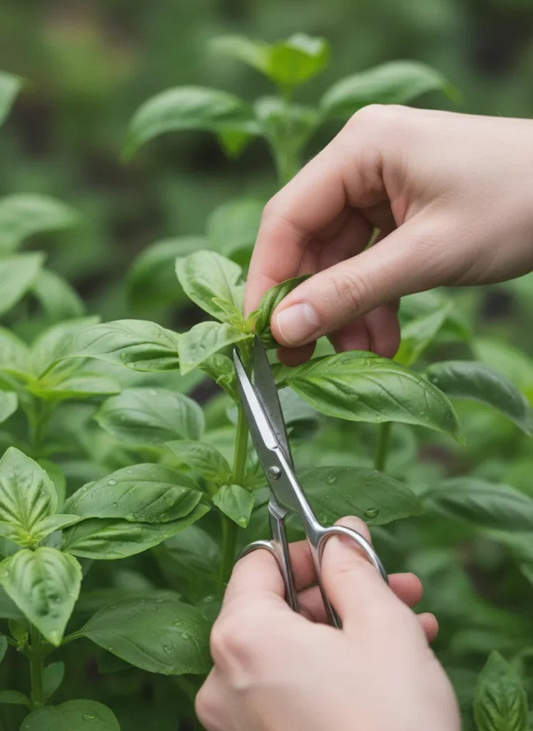 Close-up of a gardener's hands demonstrating how to properly pinch off the central stem of a basil plant just above a leaf node, with a pair of small, sharp scissors. The surrounding basil leaves are vibrant and healthy.