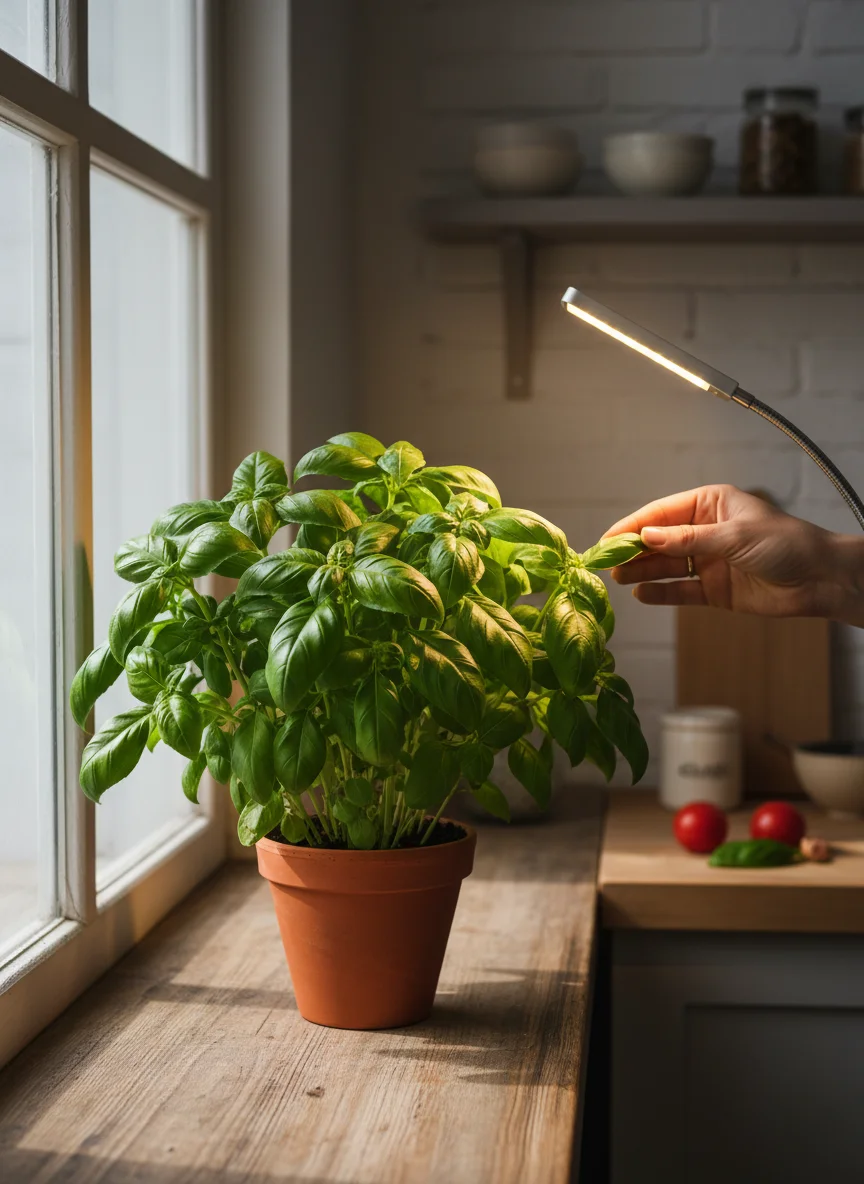 A vibrant, healthy basil plant with lush green leaves sits on a sunlit windowsill, casting a soft shadow. The background shows a cozy, inviting kitchen interior. Next to the basil pot, a small, discreet LED grow light emits a gentle, warm glow, demonstrating how supplemental light can help basil thrive even in less-than-ideal window conditions. A gardener's hand gently touches a basil leaf, conveying a sense of care and abundance.
