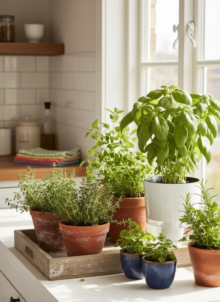 A beautifully lit indoor scene featuring a collection of vibrant, healthy herbs in assorted small pots on a sun-drenched windowsill. A rustic wooden tray holds a few terracotta pots of thyme and oregano, while a modern self-watering pot nurtures a lush basil plant. A cozy kitchen in the background with natural light emphasizes the joy of fresh, homegrown ingredients.