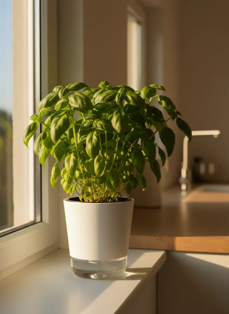 A vibrant, bushy basil plant with broad, green leaves sits in a modern self-watering pot on a bright kitchen windowsill, catching warm morning light.