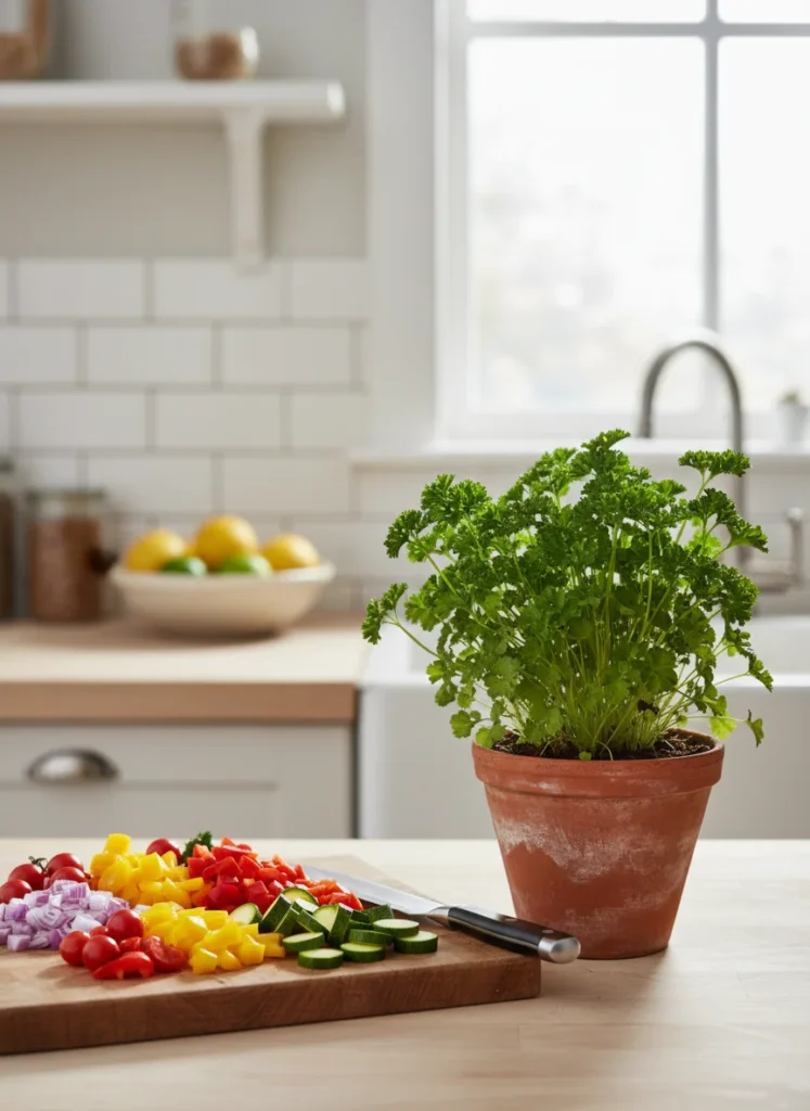 A lush, deep green curly parsley plant thriving in a terracotta pot on a kitchen counter next to a cutting board with freshly chopped vegetables.
