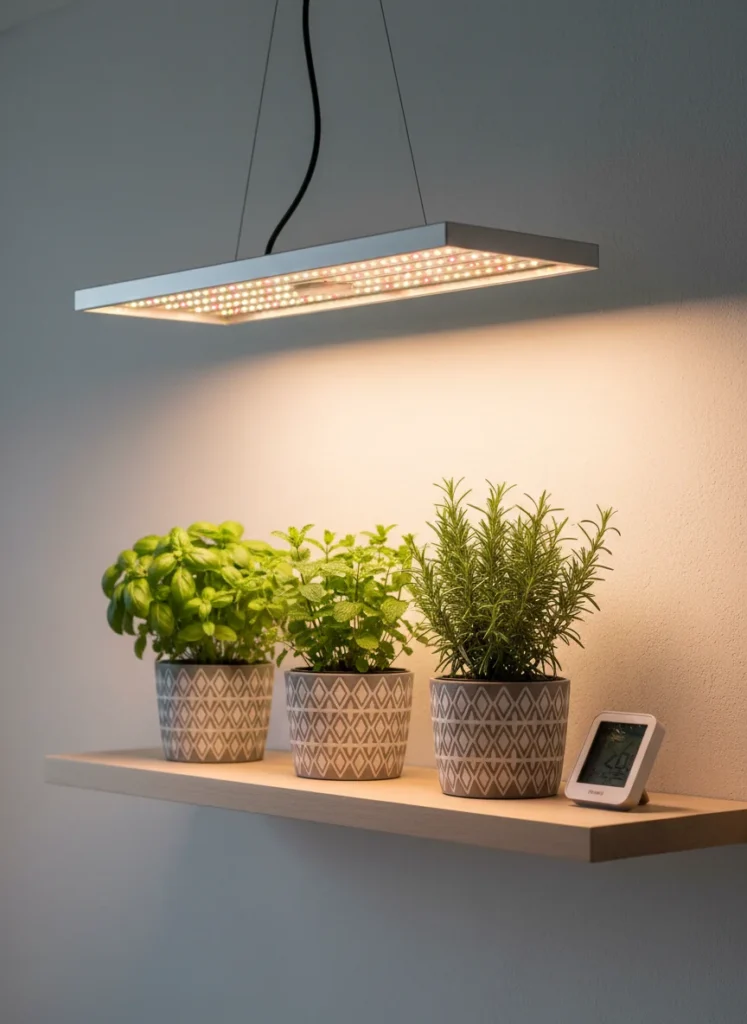  A sleek, modern LED grow light illuminates a small collection of potted herbs on a shelf, demonstrating how to grow plants indoors without natural sunlight.