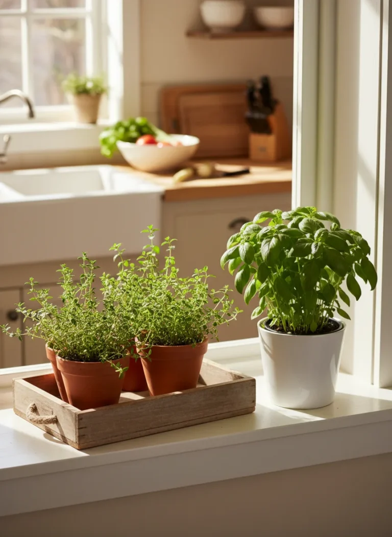 A beautifully lit indoor scene featuring a collection of vibrant, healthy herbs in assorted small pots on a sun-drenched windowsill. A rustic wooden tray holds a few terracotta pots of thyme and oregano, while a modern self-watering pot nurtures a lush basil plant. A cozy kitchen in the background with natural light emphasizes the joy of fresh, homegrown ingredients.
