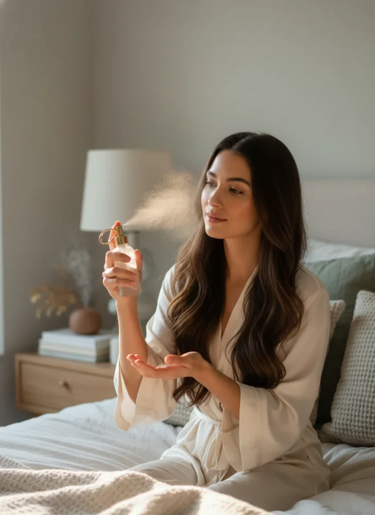 A serene woman with long, healthy hair, gently applying a fine mist of clove water from a spray bottle to her scalp before bed, with soft, warm lighting in a bedroom setting, emphasizing a calm, natural beauty routine.
