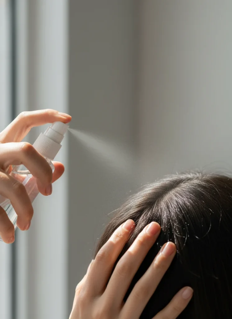 A close-up shot of a hand holding a clear spray bottle, gently misting a person's parted hair, focusing on the scalp. The hair is dark and healthy-looking.