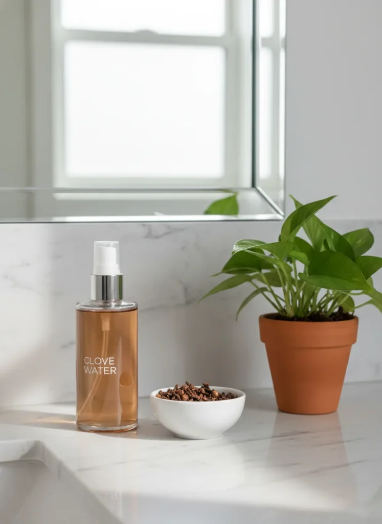A neatly organized bathroom counter with a clear glass spray bottle filled with a light brown liquid (clove water), next to a small bowl of whole cloves and a fresh green plant, conveying a natural and clean aesthetic.