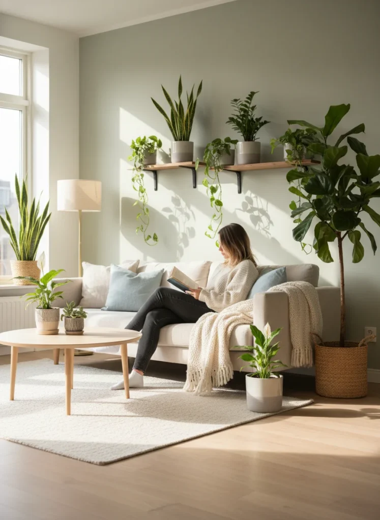 A cozy, sunlit living room with various easy-care houseplants, some on shelves, some on a coffee table, and one large floor plant. The scene feels relaxed and low-maintenance, with a person casually reading in the background, implying they have time for hobbies other than constant plant care.