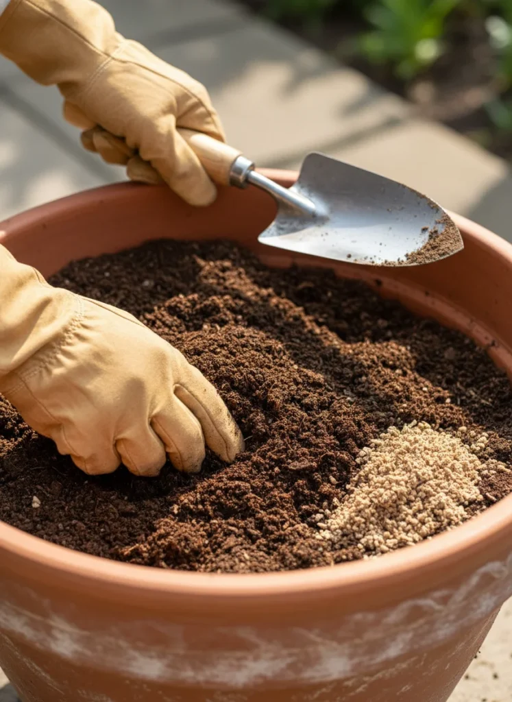 Close-up, natural light, hands in light gardening gloves mixing dark potting soil in a large terracotta pot, a small pile of light-coloured worm castings visible on one side of the mix, a wooden trowel resting across the rim. Warm tones, realistic texture, no text. 1000x1500px, 2:3 ratio.