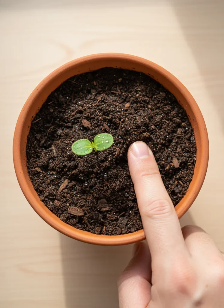 Overhead flat lay, natural light, a hand pressing one finger into dark moist potting soil inside a terracotta container, a small vegetable seedling visible nearby, droplets of water on the soil surface. Warm earthy tones, clean and minimal composition. No text overlay. Photorealistic lifestyle gardening aesthetic, 1000x1500px, 2:3 ratio.