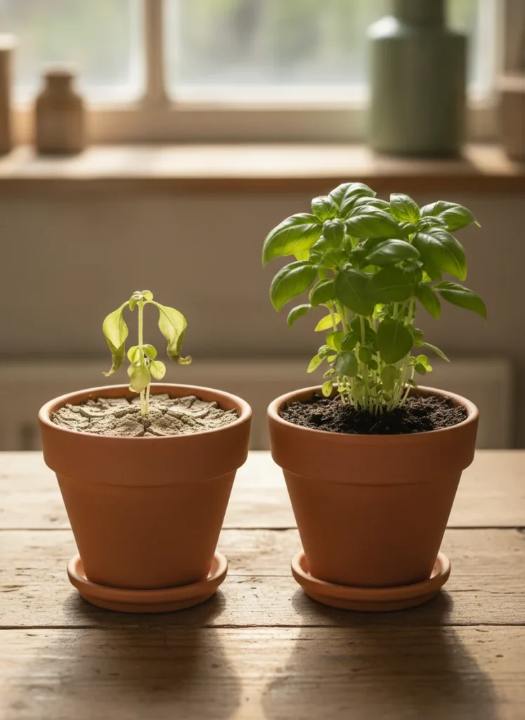 Side-by-side natural light comparison showing two small terracotta pots of similar size: the left one with visibly dry, cracked, pale soil and a slightly wilted herb, the right one with dark moist soil and healthy upright leaves. Wooden surface, warm light, no text overlay. Photorealistic, 1000x1500px, 2:3 ratio.