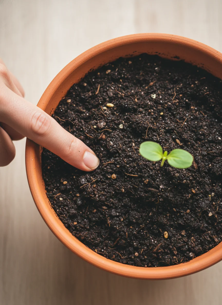 Overhead flat lay, natural light, a hand pressing one finger into dark moist potting soil inside a terracotta container, a small vegetable seedling visible nearby, droplets of water on the soil surface. Warm earthy tones, clean and minimal composition. No text overlay. Photorealistic lifestyle gardening aesthetic, 1000x1500px, 2:3 ratio.