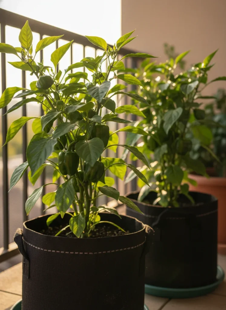 Bright natural light, close-up of two healthy pepper plants growing in dark fabric grow bags on a sunlit balcony, one plant showing small green peppers forming, green leaves catching the light. Clean background, warm tones, no text overlay. Photorealistic lifestyle gardening aesthetic, 1000x1500px, 2:3 ratio.