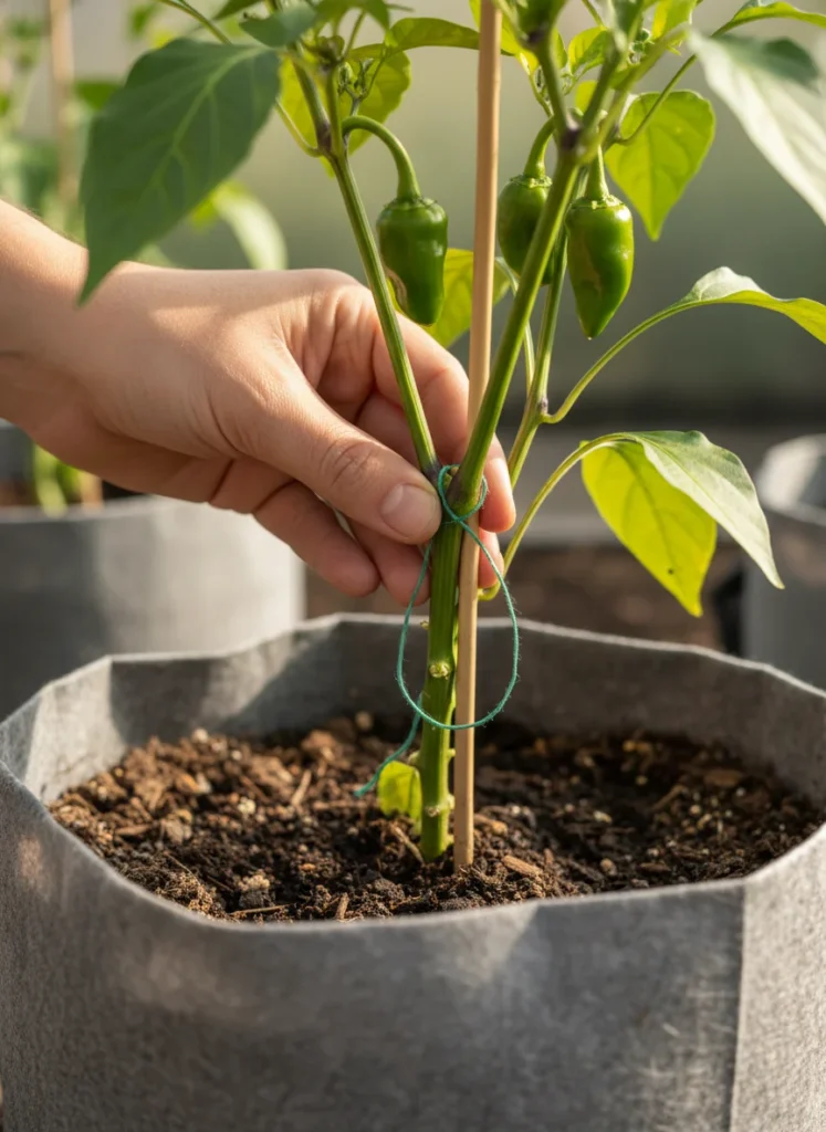 Close-up natural light shot of a hand tying a pepper plant stem to a thin bamboo cane with soft green garden twine, inside a fabric grow bag filled with dark potting mix, small green peppers visible on the plant. Warm tones, shallow depth of field, no text overlay. Photorealistic, 1000x1500px, 2:3 ratio.