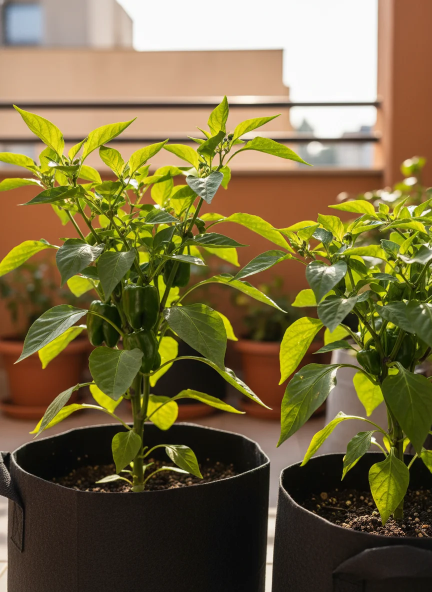 Bright natural light, close-up of two healthy pepper plants growing in dark fabric grow bags on a sunlit balcony, one plant showing small green peppers forming, green leaves catching the light. Clean background, warm tones, no text overlay. Photorealistic lifestyle gardening aesthetic, 1000x1500px, 2:3 ratio.