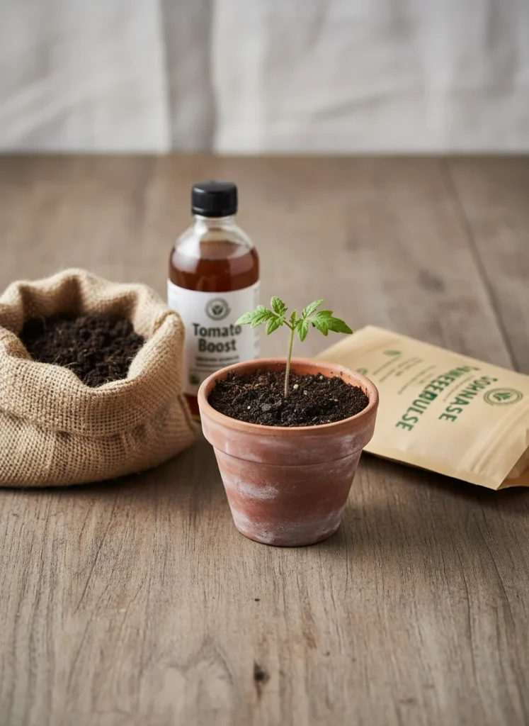 Flat lay, natural light, overhead shot of a wooden surface with a small container of dark worm castings, a bottle of liquid tomato feed, a bag of slow-release granular fertilizer, and a small potted vegetable seedling arranged naturally together. Earthy tones, clean composition, no text overlay. Photorealistic lifestyle gardening aesthetic, 1000x1500px, 2:3 ratio.