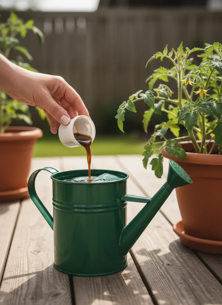 Close-up, natural light, a hand pouring dark liquid fertilizer from a small measuring cap into a watering can beside a container of tomato plants with visible flower buds. Warm tones, shallow depth of field, wooden deck surface. No text overlay. Photorealistic, 1000x1500px, 2:3 ratio.
