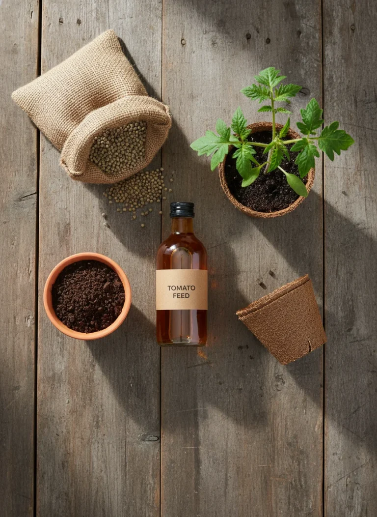 Flat lay, natural light, overhead shot of a wooden surface with a small container of dark worm castings, a bottle of liquid tomato feed, a bag of slow-release granular fertilizer, and a small potted vegetable seedling arranged naturally together. Earthy tones, clean composition, no text overlay. Photorealistic lifestyle gardening aesthetic, 1000x1500px, 2:3 ratio.