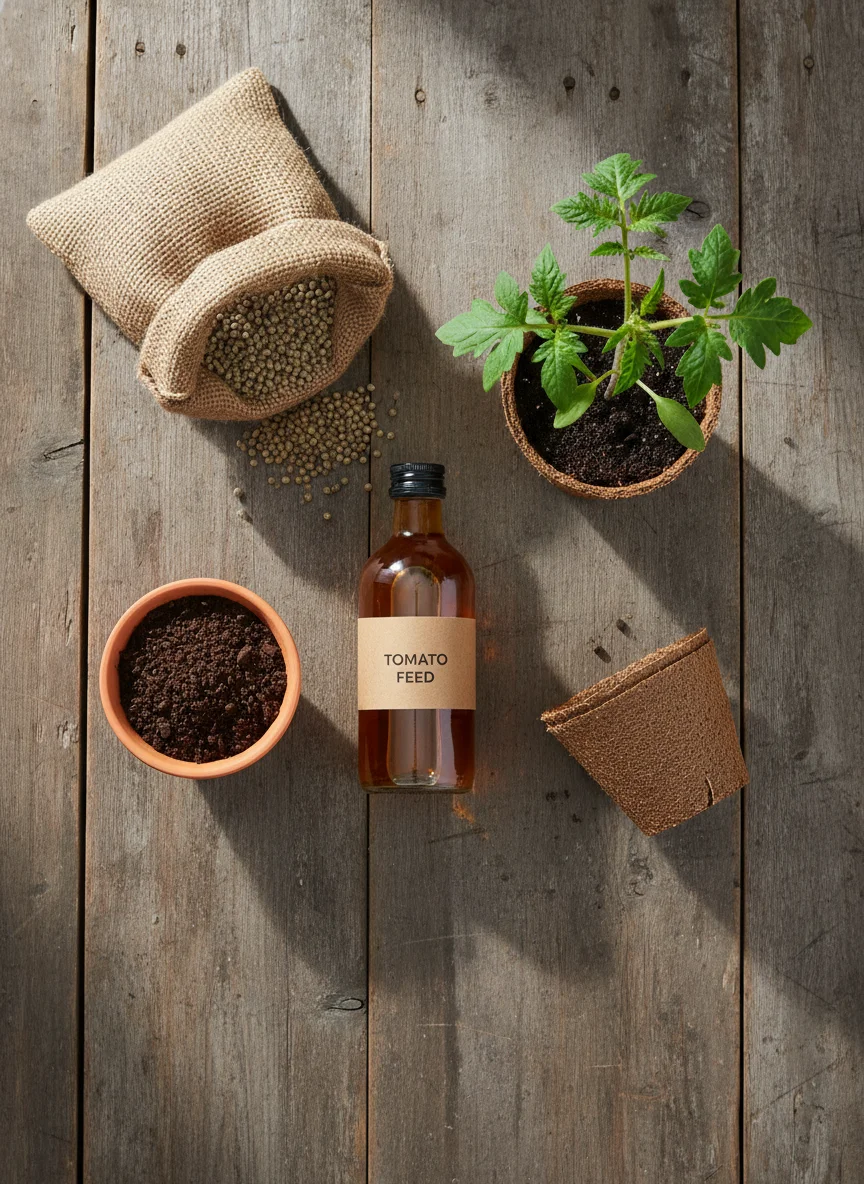 Flat lay, natural light, overhead shot of a wooden surface with a small container of dark worm castings, a bottle of liquid tomato feed, a bag of slow-release granular fertilizer, and a small potted vegetable seedling arranged naturally together. Earthy tones, clean composition, no text overlay. Photorealistic lifestyle gardening aesthetic, 1000x1500px, 2:3 ratio.