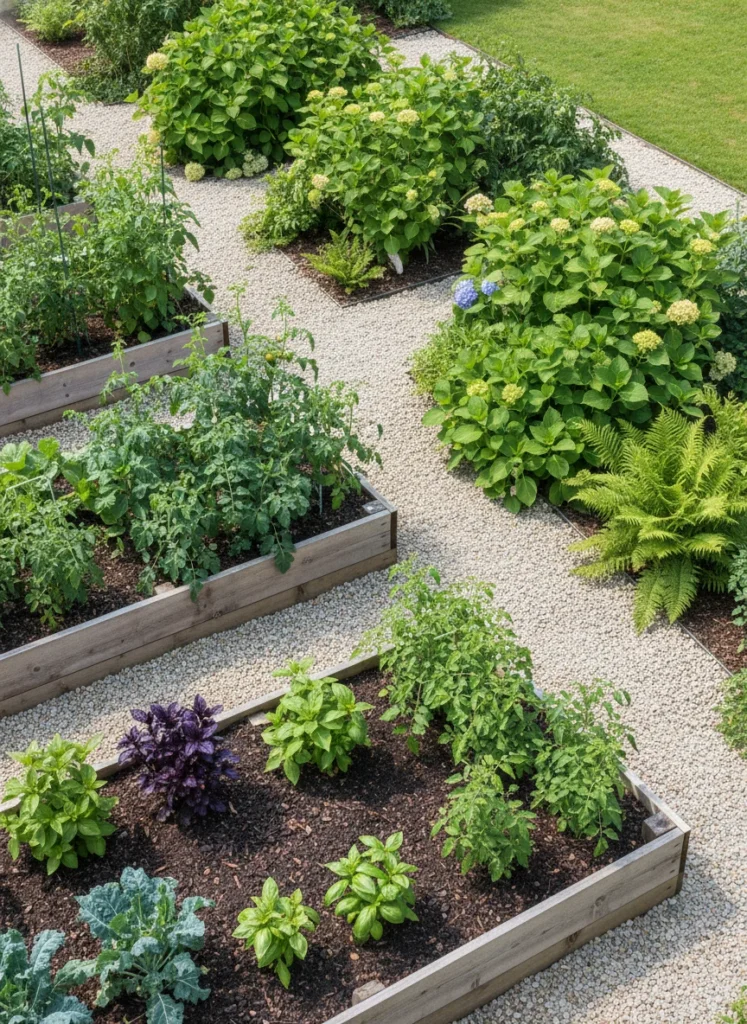 An overhead shot of a thriving garden with visible signs of good drainage, perhaps a section with a newly installed gravel path next to lush plants, and another section with healthy raised beds. The soil looks dark and rich, not muddy.