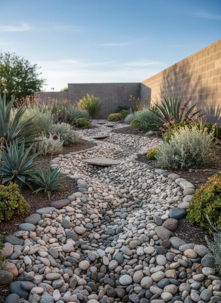 A serene dry creek bed winding through a garden, made of smooth river stones and pebbles, with some drought-tolerant plants growing along its banks. The "creek" itself is dry but looks ready for rain.