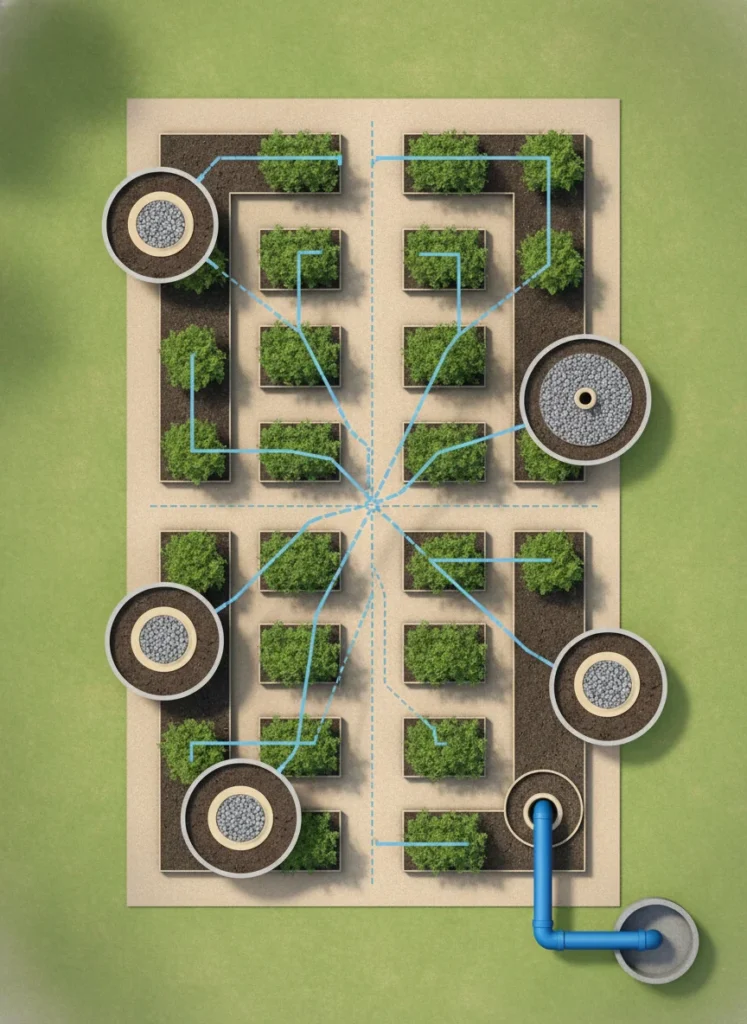 An aerial view illustration of a garden showing a network of buried perforated pipes (indicated by dashed lines), funneling water towards a single main output pipe at the edge of the garden. Some areas show a cross-section of the pipe and gravel. 