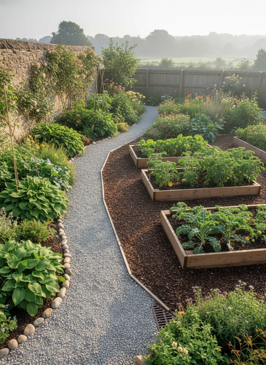An overhead shot of a thriving garden with visible signs of good drainage, perhaps a section with a newly installed gravel path next to lush plants, and another section with healthy raised beds. The soil looks dark and rich, not muddy.