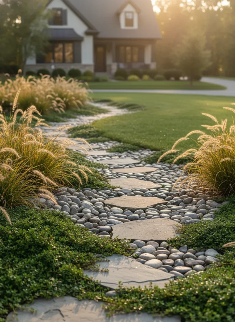 Realistic photograph of a winding front yard garden path made from smooth river rocks and flat stepping stones, bordered by low green ground cover plants and ornamental grass, soft morning light, curb appeal style, warm tones, professional landscaping blog photography