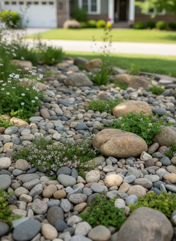 Realistic close-up photograph of a low-maintenance front yard rock garden featuring smooth grey and brown stones of varying sizes, interspersed with creeping thyme, sedum, and small native wildflowers in soft purple and white tones. Dappled natural light, residential front yard setting, natural and unstructured design